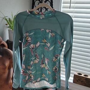 CALIA by Carrie Underwood Floral Teal Long Sleeve Blouse Swimwear